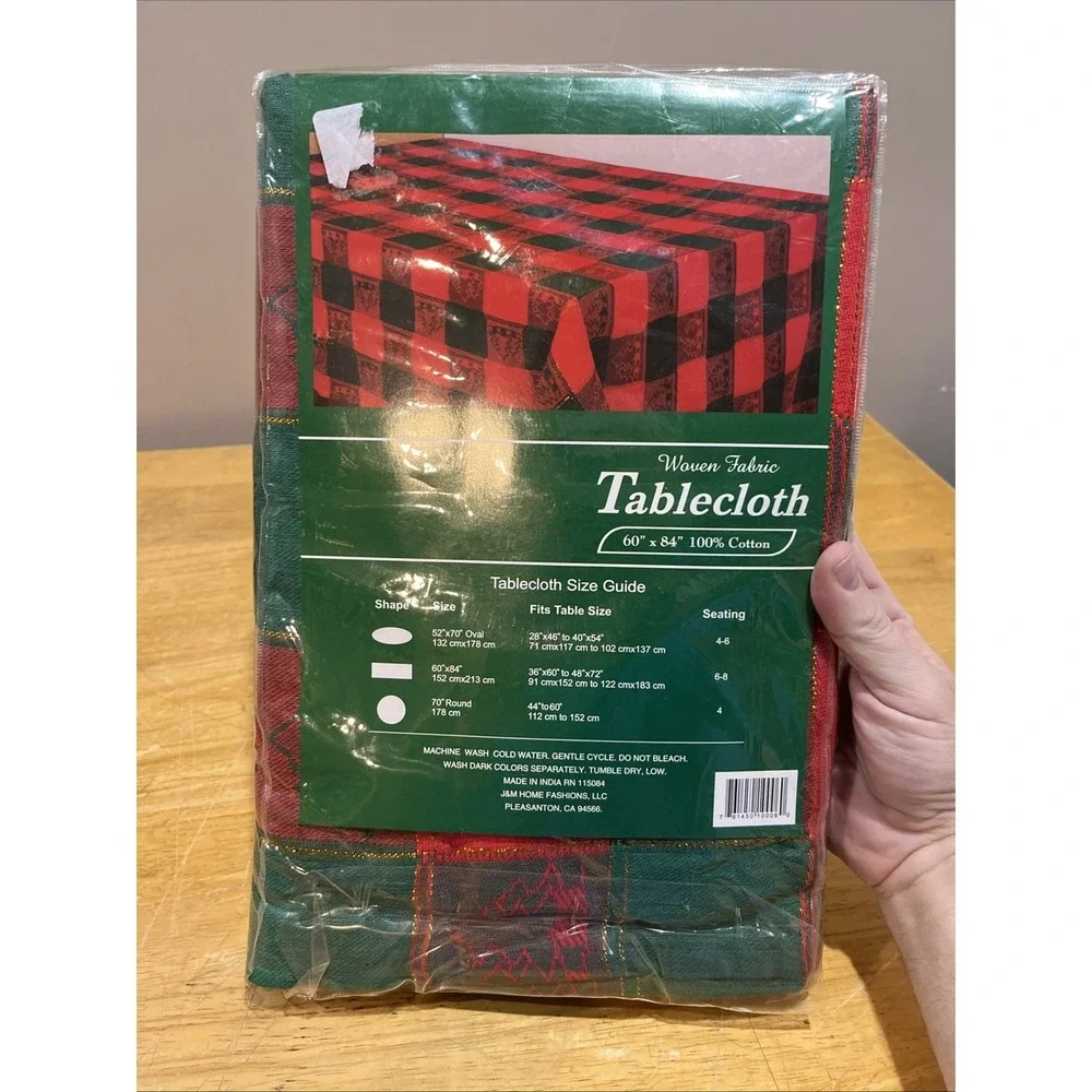 Vtg Red Green Christmas Tree Woven Fabric‎ Tablecloth Gold Accents Plaid 60x84